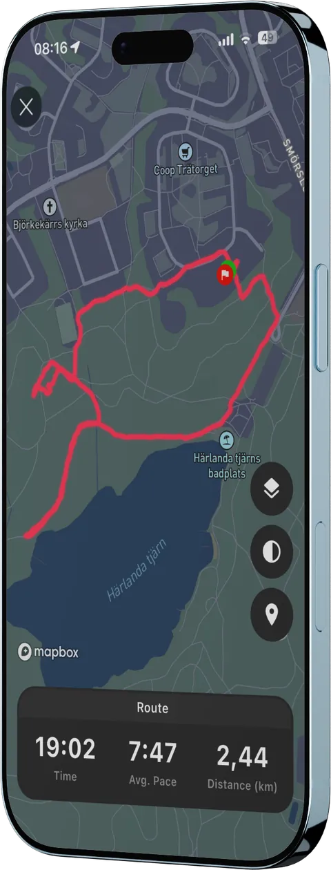 Karta över en loggad promenad med tid, tempo och distans i Repit